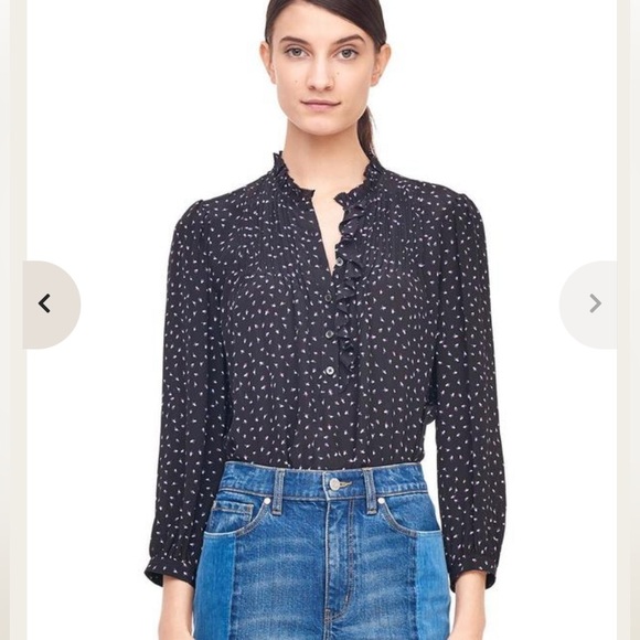 Rebecca Taylor Black Purple White Printed Silk Ruffle Detail Blouse Size 4 - Picture 8 of 9